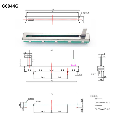 C6044G المزدوج الجهد فيلم الكربون مقياس الجهد الشريحة 60 مللي متر السفر 5K 10K مقياس جهد ستيريو خطي